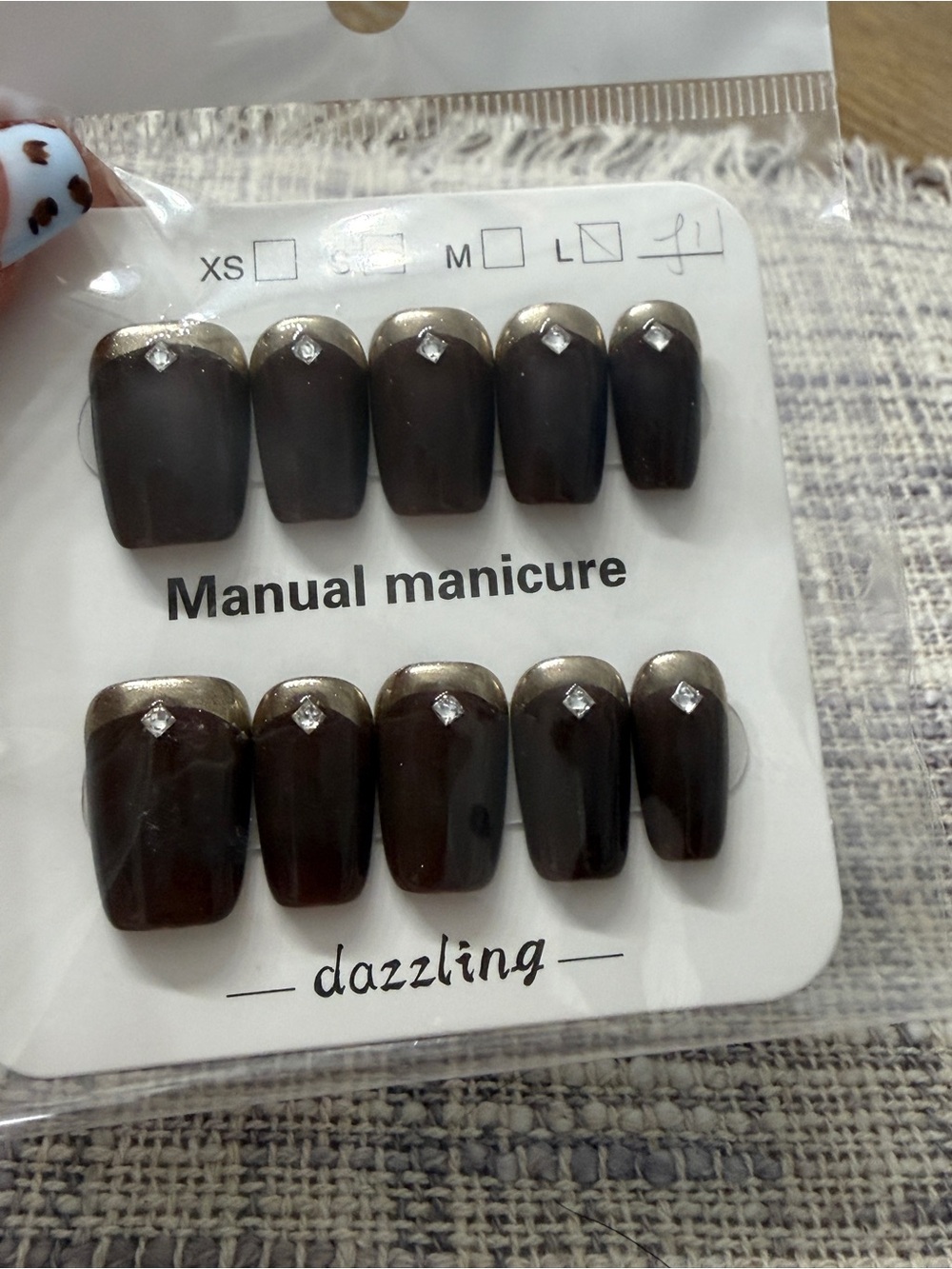 Dazzling Brown Press-On Nails with Gold Tips and Rhinestones